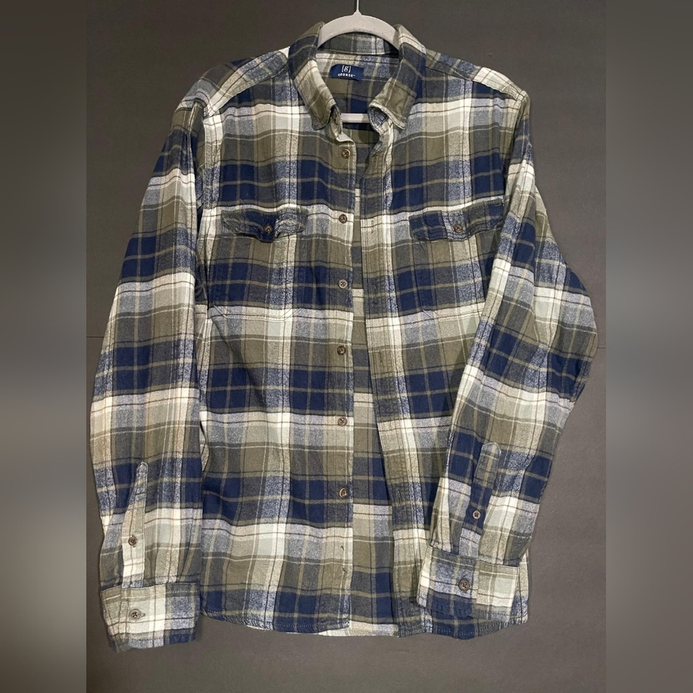 George Men's Blue and Gray Plaid Shirt Size XL